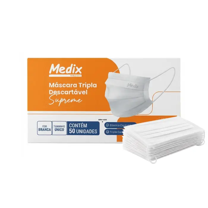 KIT Máscara Tripla Descartável Supreme Branca Medix 50 Unidades