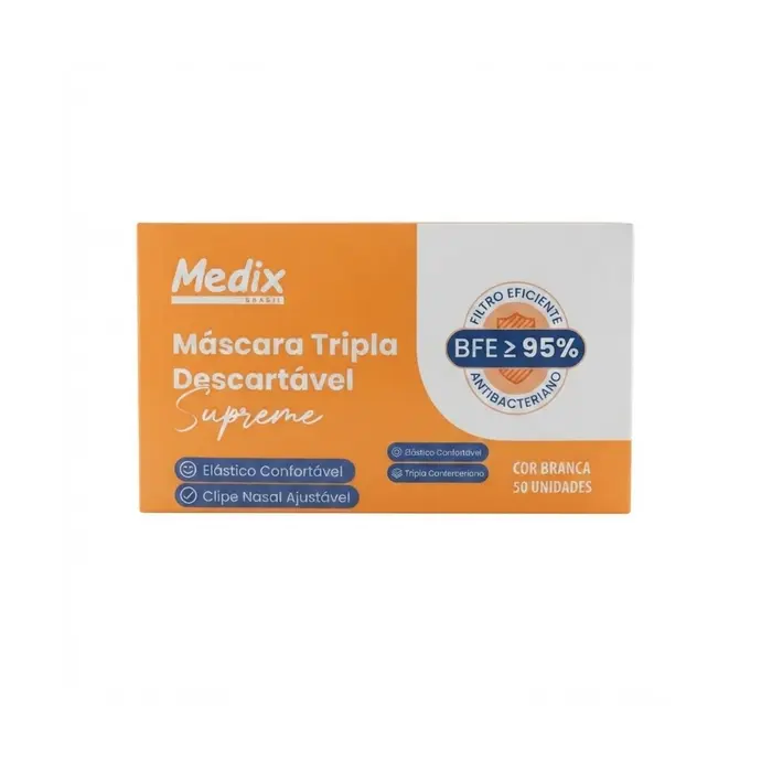 KIT Máscara Tripla Descartável Supreme Branca Medix 50 Unidades