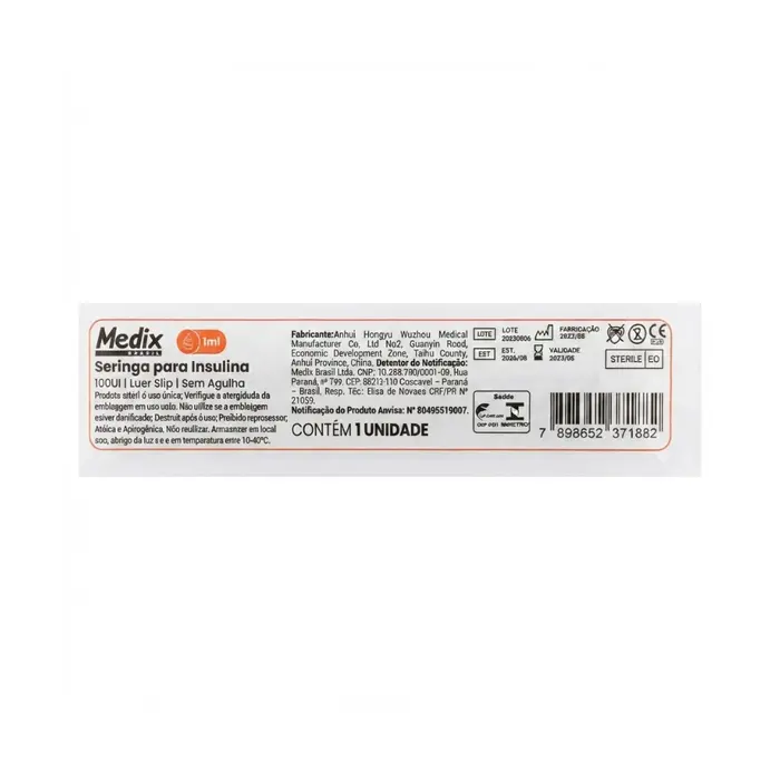 Seringa Descartável Para Insulina Sem Agulha Bico Slip 1ml Medix Unidade