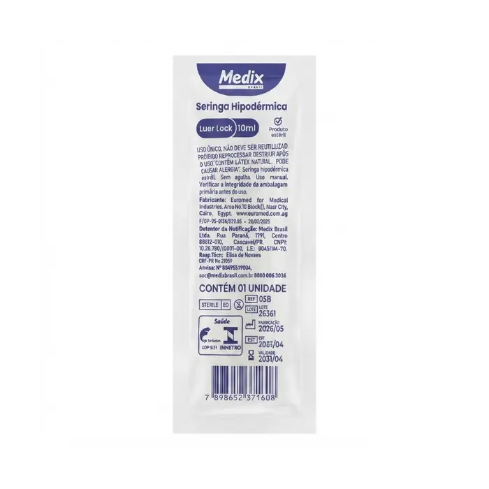 Seringa Hipodérmica Sem Agulha Bico Rosca 10ml Medix Unidade