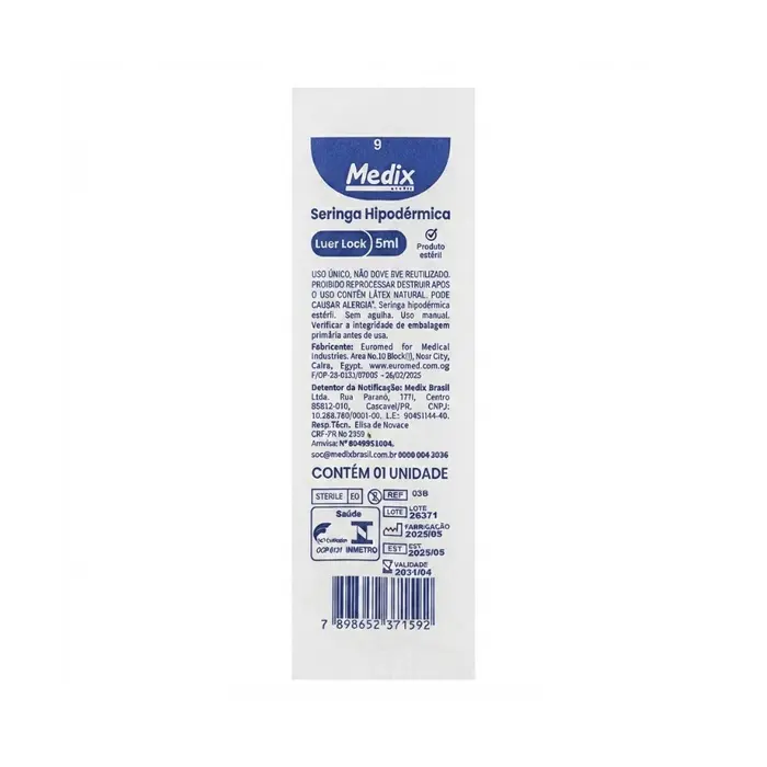 Seringa Hipodérmica Sem Agulha Bico Rosca 5ml Medix Unidade