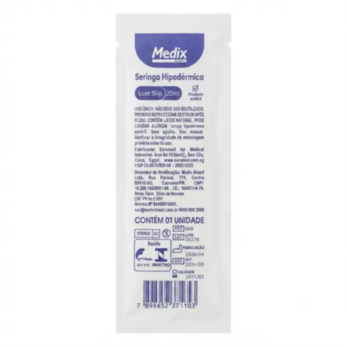Seringa Hipodérmica Descartável Bico Slip 20ml Medix