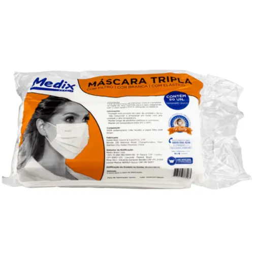 Máscara Tripla Descartável Branca Saquinho 50 Unidades Medix