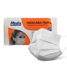 Máscara Tripla Descartável Branca Saquinho 50 Unidades Medix