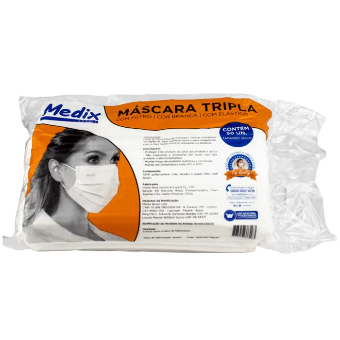 Máscara Tripla Descartável Branca Saquinho 50 Unidades Medix