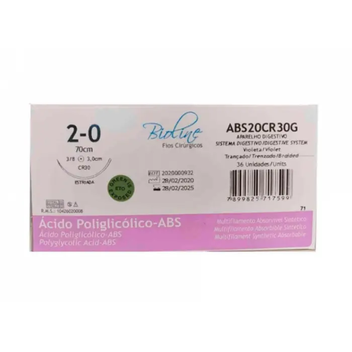 Fio Cirúrgico de Ácido Poliglicólico Violeta 2-0 Ag Cilind. 3/8 3,0 cm - Cx 36 Un - Bioline