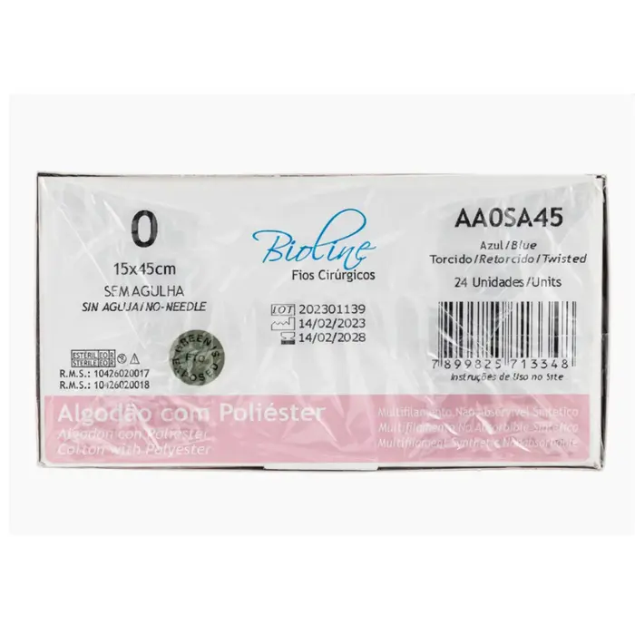 Fio Cirúrgico de Algodão Azul 0 Sem Agulha 15x45cm - Cx 24 Un - Bioline Fios