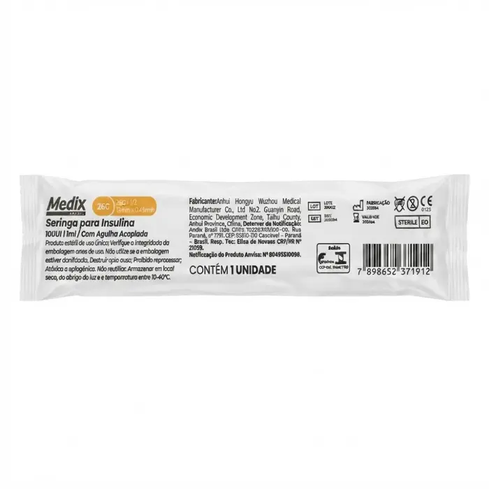 Seringa Descartável Para Insulina Com Agulha 13x0,45mm 1ml Medix