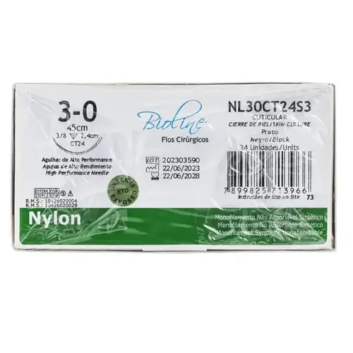 Fio Cirúrgico de Nylon Preto 2-0 Ag Triang. 3/8 4,0cm - Cx 24 Un - Bioline Fios