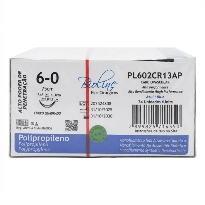 Fio Cirúrgico De Polipropileno Azul 6-0 2Ag 3/8 1,3cm Bioline 24 Unidades