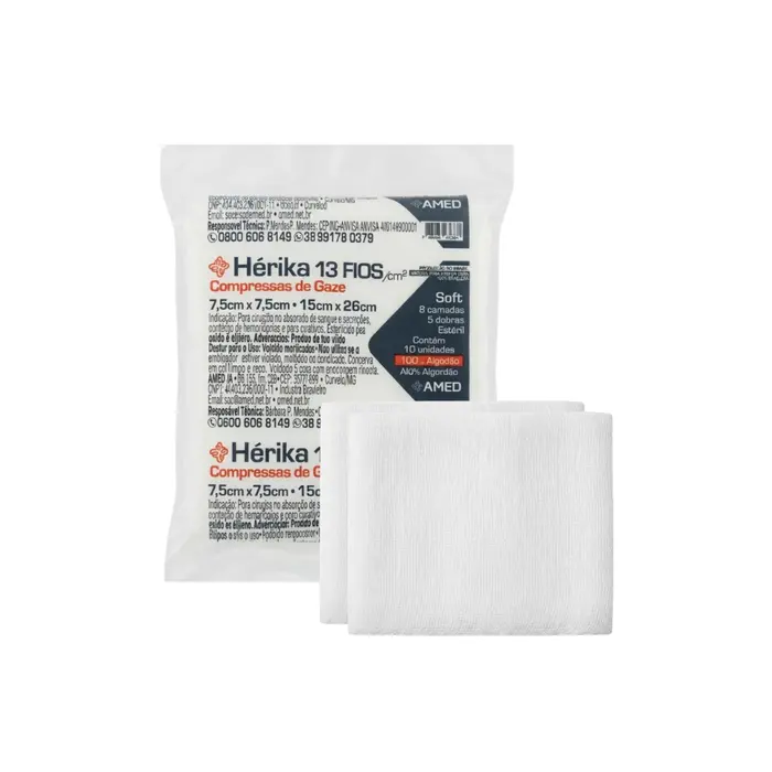 Compressa De Gaze Estéril Soft Herika 13 Fios 7,5x7,5cm Pacote 10 Unidades
