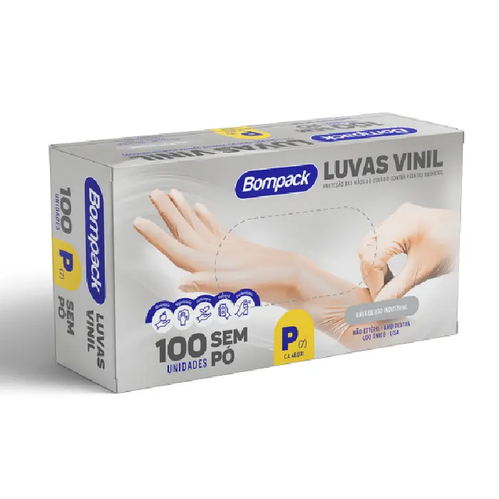 Luva de Vinil Descartável Sem Pó P Bompack 100 Unidades