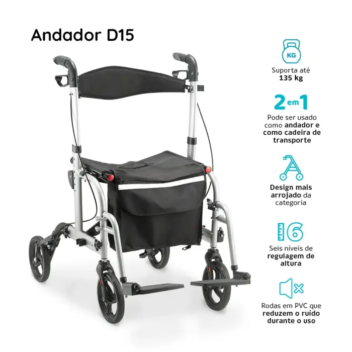 Andador Dobrável 4 Rodas Dellamed com Assento até 135Kg D15