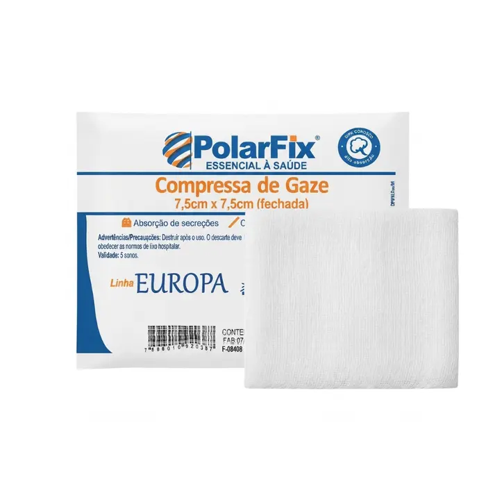 Compressa De Gaze Estéril Europa 13 Fios 7,5x7,5cm Sem Raio X PolarFix 10 Unidades