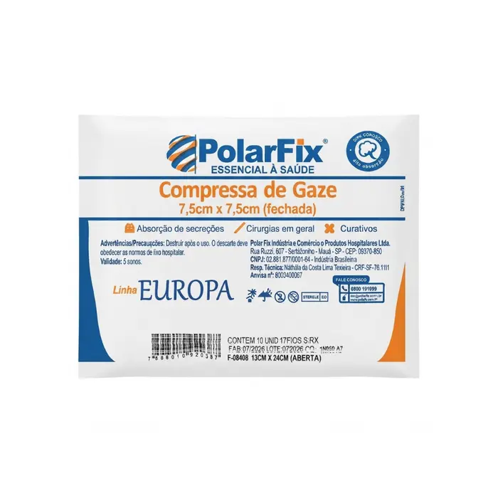 Compressa De Gaze Estéril Europa 13 Fios 7,5x7,5cm Sem Raio X PolarFix 10 Unidades