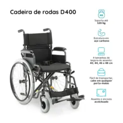 Cadeira de Rodas Dobrável em Aço - D400 Dellamed - Até 120 Kg - Largura 44 cm