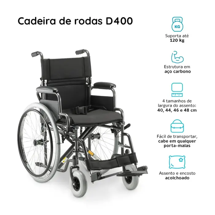 Cadeira de Rodas Dobrável em Aço - D400 Dellamed - Até 120 Kg - Largura 44 cm