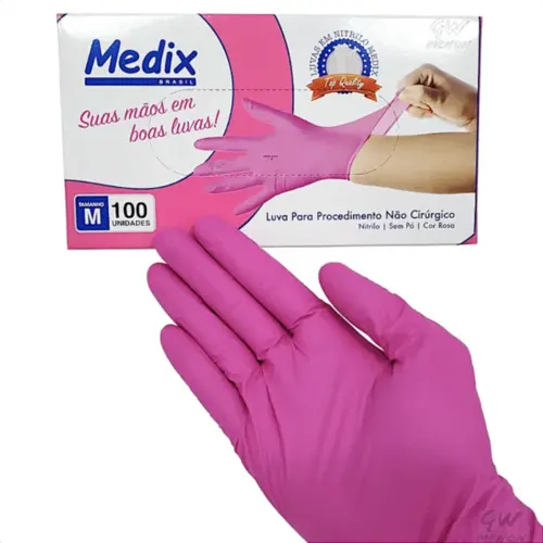 Luva Descartável Nitrílica Rosa Sem Pó G Medix 100 Unidades