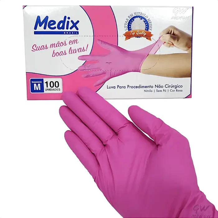 Luva Descartável Nitrílica Rosa Sem Pó M Medix 100 Unidades