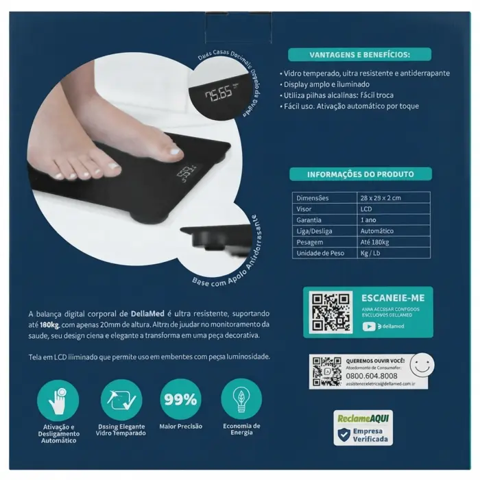 Balança Digital Corporal Smart Tela LED Preta Até 180kg Dellamed