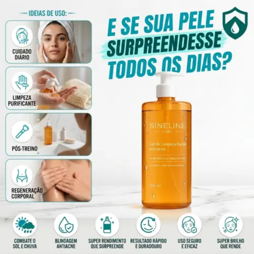 Gel de Limpeza Facial Antiacne 500ml com Ácido Salicílico e Niacinamida Sineline