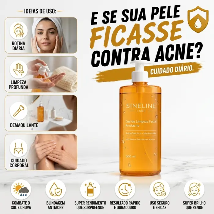 Gel de Limpeza Facial Antiacne 500ml com Ácido Salicílico e Niacinamida Sineline