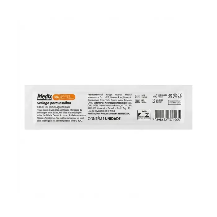 Seringa Descartável Para Insulina Com Agulha 8x0,30mm 1ml Medix Unidade