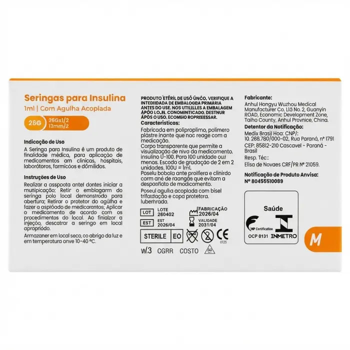 Seringa Descartável Para Insulina Com Agulha 13x0,45mm 1ml Medix 100 Unidades