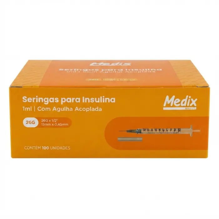 Seringa Descartável Para Insulina Com Agulha 13x0,45mm 1ml Medix 100 Unidades