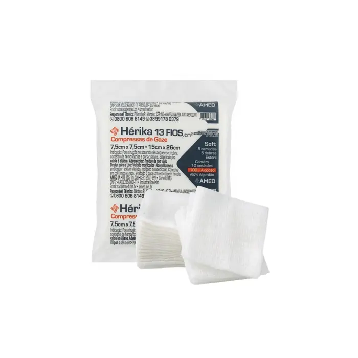 Compressa De Gaze Estéril Soft Herika 13 Fios 7,5x7,5cm 20 Pacotes 200 Unidades