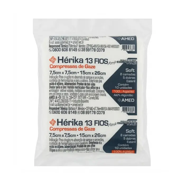 Compressa De Gaze Estéril Soft Herika 13 Fios 7,5x7,5cm 20 Pacotes 200 Unidades