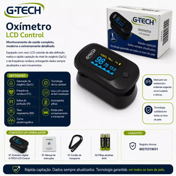 Oxímetro de Pulso G-Tech LCD Control – SpO2, PI, RR e FC