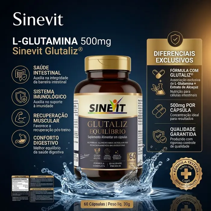 L-Glutamina 500mg com Glutaliz® — Intestino, Músculos e Imunidade Sinevit 60 Cápsulas