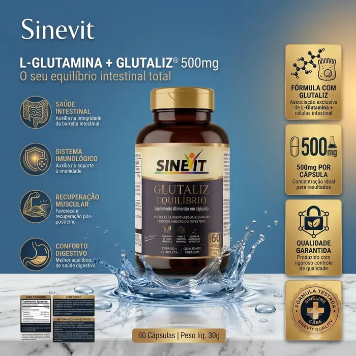 L-Glutamina 500mg com Glutaliz® — Intestino, Músculos e Imunidade Sinevit 60 Cápsulas