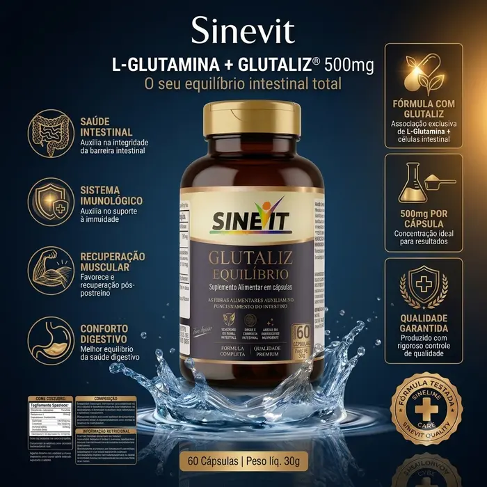 L-Glutamina 500mg com Glutaliz® — Intestino, Músculos e Imunidade Sinevit 60 Cápsulas