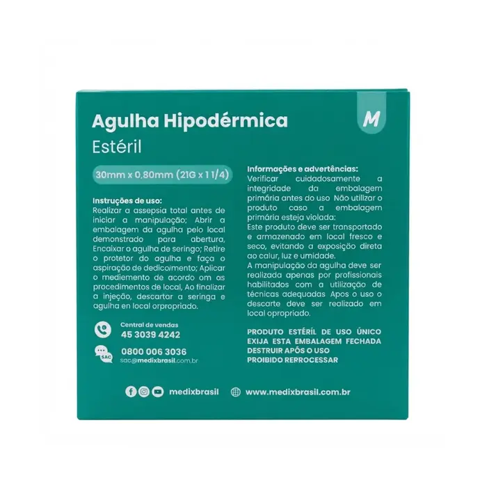 Agulha Hipodérmica Descartável 21G 30x0,80mm Medix 100 Unidades
