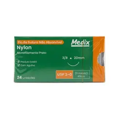 Fio De Sutura Nylon Preto 2-0 AG 3/8 20mm Medix 24 Unidades