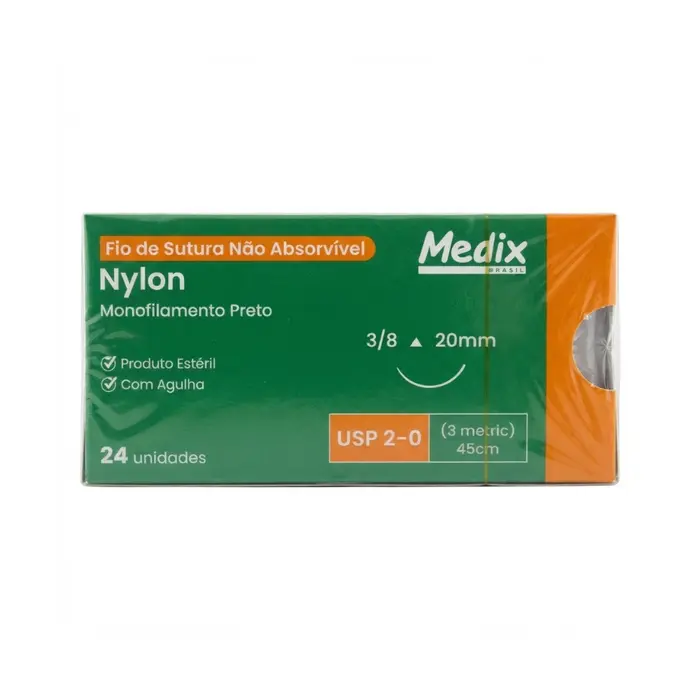 Fio De Sutura Nylon Preto 2-0 AG 3/8 20mm Medix 24 Unidades