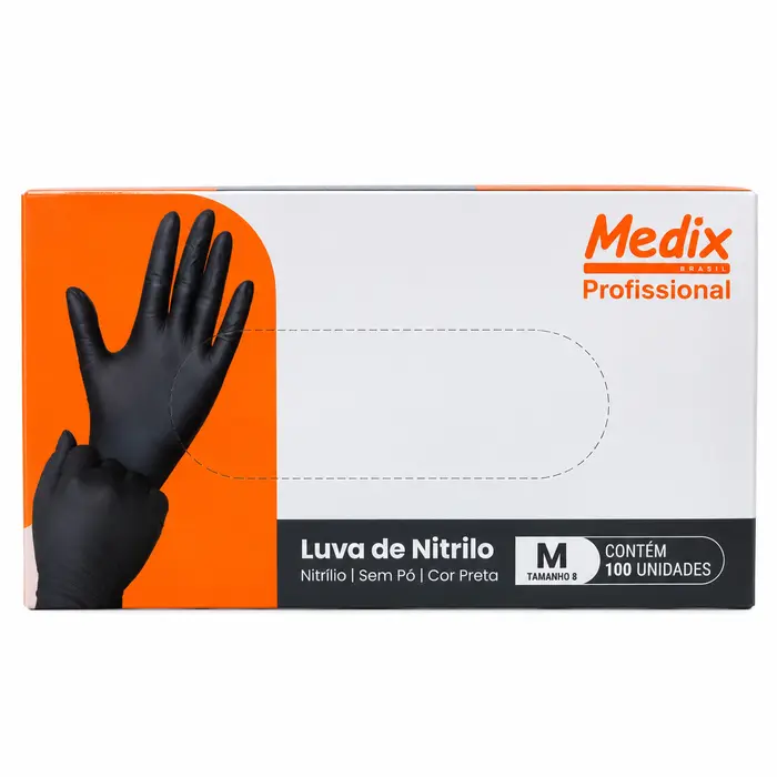 Luva De Nitrilo Sem Pó Preta Tamanho M Medix 100 Unidades