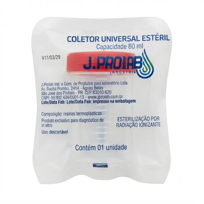 Coletor Estéril Tampa Vermelha Em Polipropileno Sem Pá 80ml J.Prolab